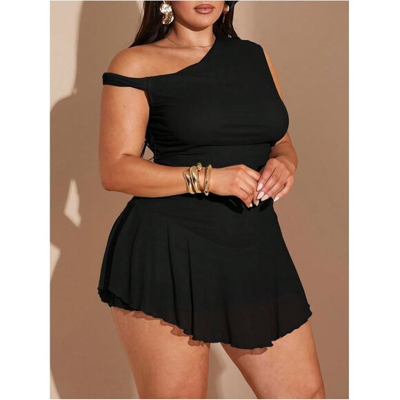 Plus Size Women's Mesh Two Piece Outfit Crop Top Ruffle Skirt Summer Set - Picture 3 of 5
